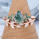 Pear Shaped Moss Agate Marquise Accented Engagement Ring Set with Curved Wedding Band