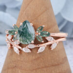 Pear Shaped Moss Agate Marquise Accented Engagement Ring Set with Curved Wedding Band