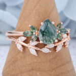Pear Shaped Moss Agate Marquise Accented Engagement Ring Set with Curved Wedding Band