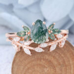 Pear Shaped Moss Agate Marquise Accented Engagement Ring Set with Curved Wedding Band