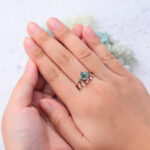 Pear Shaped Moss Agate Marquise Accented Engagement Ring Set with Curved Wedding Band