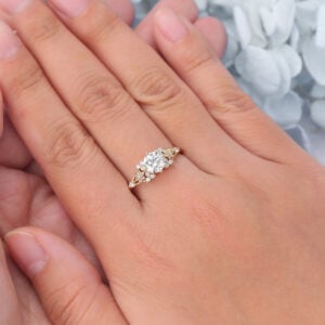 Round Cut Lab Grown Diamond Engagement Ring Cluster Bridal Ring with Floral Design