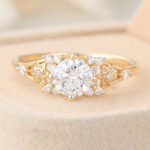 Round Cut Lab Grown Diamond Engagement Ring Cluster Bridal Ring with Floral Design