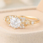 Round Cut Lab Grown Diamond Engagement Ring Cluster Bridal Ring with Floral Design