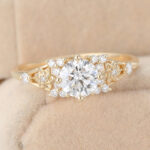 Round Cut Lab Grown Diamond Engagement Ring Cluster Bridal Ring with Floral Design
