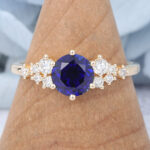 Round Cut Sapphire Starlit Engagement Ring Cluster Bridal Ring