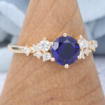 Round Cut Sapphire Starlit Engagement Ring Cluster Bridal Ring