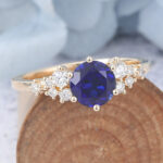 Round Cut Sapphire Starlit Engagement Ring Cluster Bridal Ring