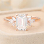 Emerald Cut Lab Grown Diamond Cluster Engagement Ring Marquise Accented Bridal Ring