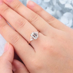 Emerald Cut Lab Grown Diamond Cluster Engagement Ring Marquise Accented Bridal Ring
