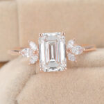 Emerald Cut Lab Grown Diamond Cluster Engagement Ring Marquise Accented Bridal Ring