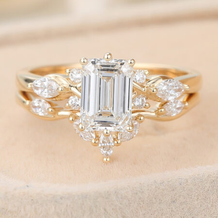 emerald cut vs princess cut April Birthstone Emerald Cut Lab Grown Diamond Cluster Engagement Ring Set with Curved Wedding Band