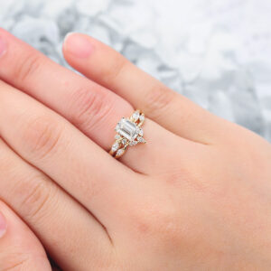 Emerald Cut Lab Grown Diamond Cluster Engagement Ring Set with Curved Wedding Band