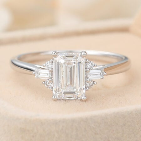 diamond cut Emerald Cut Lab Grown Diamond Cluster Engagement Ring Unique Bridal Ring