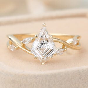 White Topaz vs Diamond Kite Shaped Lab Grown Diamond Marquise Accented Engagement Ring Artistic Band Bridal Ring