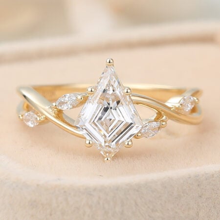 White Topaz vs Diamond Kite Shaped Lab Grown Diamond Marquise Accented Engagement Ring Artistic Band Bridal Ring