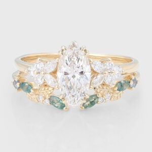 Marquise Cut Lab Grown Diamond Cluster Bidal Ring Set with Alexandrite & Moss Agate Accents