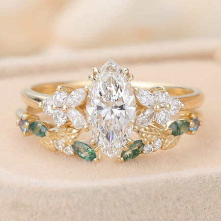 cluster ring Taurus birthstone Marquise Cut Lab Grown Diamond Cluster Bidal Ring Set with Alexandrite & Moss Agate Accents
