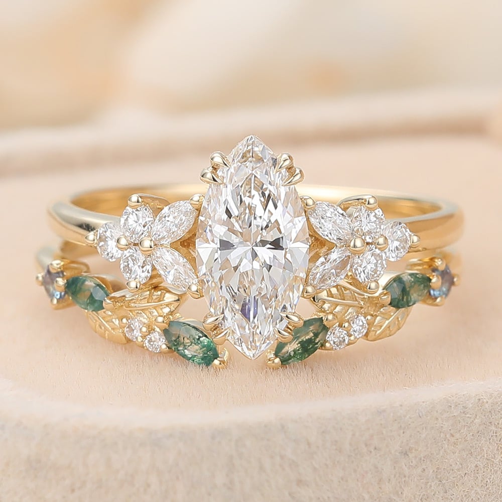 Marquise Cut Lab Grown Diamond Cluster Bidal Ring Set with Alexandrite & Moss Agate Accents (2) Marquise Cut Lab Grown Diamond Cluster Bidal Ring Set with Alexandrite & Moss Agate Accents (2)