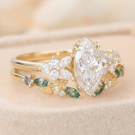 White Topaz vs Diamond Marquise Cut Lab Grown Diamond Cluster Bidal Ring Set with Alexandrite & Moss Agate Accents