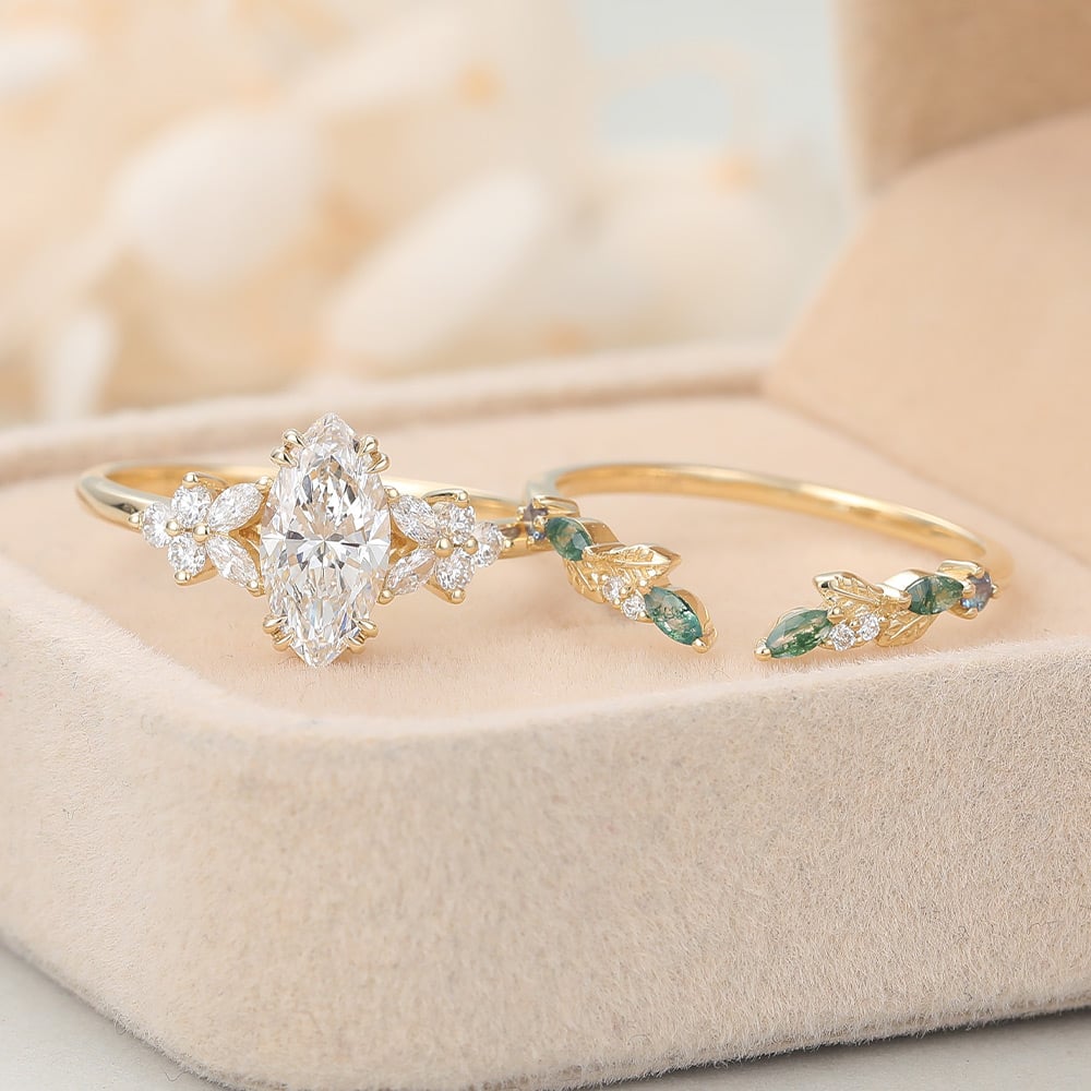 Marquise Cut Lab Grown Diamond Cluster Bidal Ring Set with Alexandrite & Moss Agate Accents (5) Marquise Cut Lab Grown Diamond Cluster Bidal Ring Set with Alexandrite & Moss Agate Accents (5)