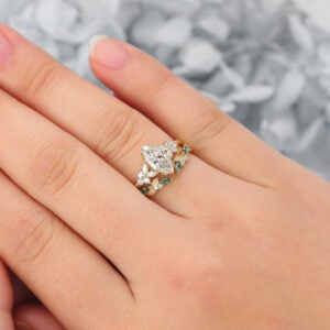 Marquise Cut Lab Grown Diamond Cluster Bidal Ring Set with Alexandrite & Moss Agate Accents