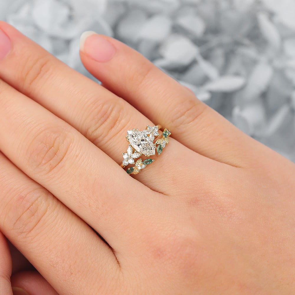Marquise Cut Lab Grown Diamond Cluster Bidal Ring Set with Alexandrite & Moss Agate Accents