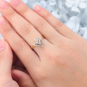 Marquise Cut Lab Grown Diamond Cluster Engagement Ring Set with V-Shaped Wedding Band