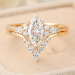 Marquise Cut Lab Grown Diamond Cluster Engagement Ring Set with V-Shaped Wedding Band