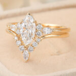 Marquise Cut Lab Grown Diamond Cluster Engagement Ring Set with V-Shaped Wedding Band