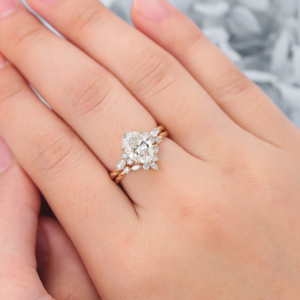 Oval Cut Lab Grown Diamond 3/4Twisted Bridal Set Cluster Engagement Ring