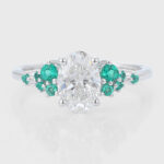 Oval Cut Lab Grown Diamond Cluster Engagement Ring Bridal Ring with Emerald Accents