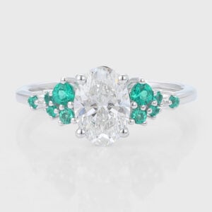 Oval Cut Lab Grown Diamond Cluster Engagement Ring Bridal Ring with Emerald Accents