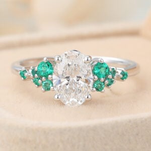 Taurus Birthstone 70s Jewelry Oval Cut Lab Grown Diamond Cluster Engagement Ring Bridal Ring with Emerald Accents