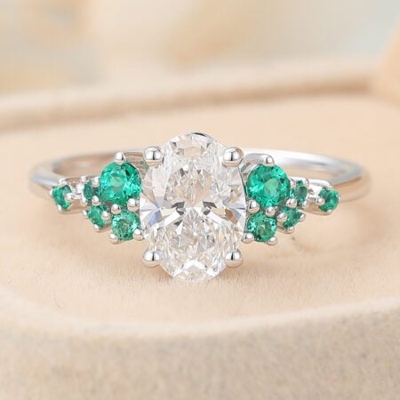 Taurus Birthstone 70s Jewelry Oval Cut Lab Grown Diamond Cluster Engagement Ring Bridal Ring with Emerald Accents