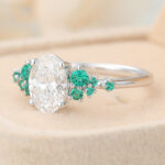 Oval Cut Lab Grown Diamond Cluster Engagement Ring Bridal Ring with Emerald Accents