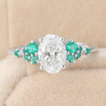 Oval Cut Lab Grown Diamond Cluster Engagement Ring Bridal Ring with Emerald Accents