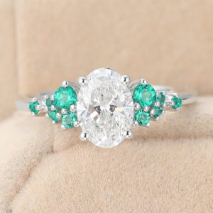 Emerald Engagement Rings Oval Cut Lab Grown Diamond Cluster Engagement Ring Bridal Ring with Emerald Accents