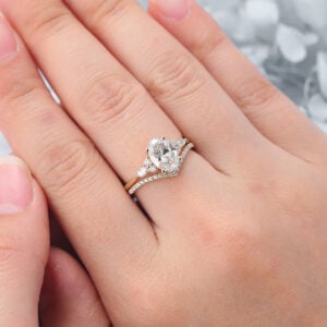 Oval Cut Lab Grown Diamond Cluster Engagement Ring Set with Pave Wedding Band