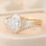 Oval Cut Lab Grown Diamond Cluster Engagement Ring Set with Pave Wedding Band