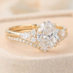 Oval Cut Lab Grown Diamond Cluster Engagement Ring Set with Pave Wedding Band