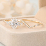 Oval Cut Lab Grown Diamond Cluster Engagement Ring Set with Pave Wedding Band