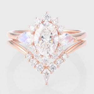 Oval Cut Lab Grown Diamond Cluster Halo Bridal Set with Moonstone Accents