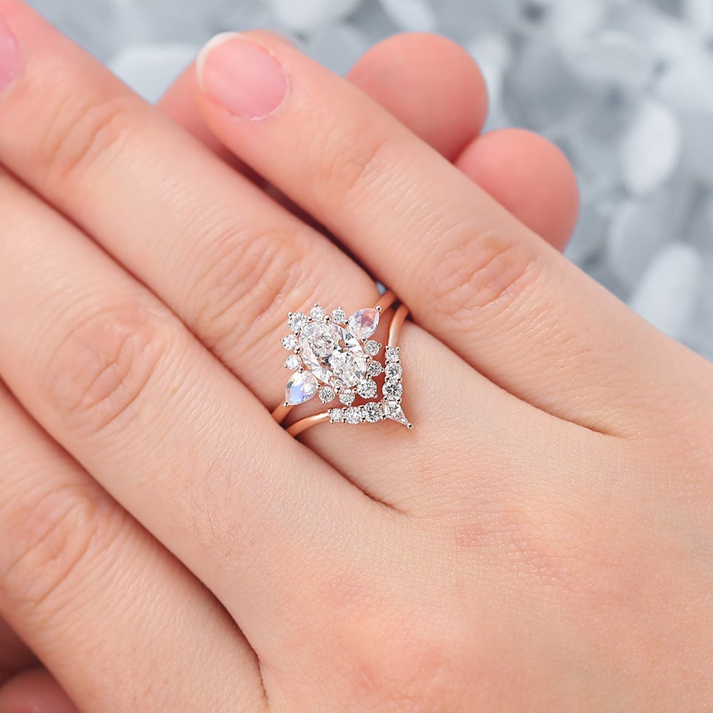 Oval Cut Lab Grown Diamond Cluster Halo Bridal Set with Moonstone Accents