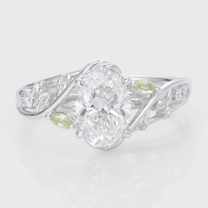 Oval Cut Lab Grown Diamond Floral-Inspired Engagement Ring Bridal Ring with Peridot Accents