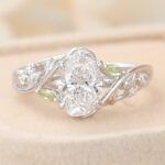 Oval Cut Lab Grown Diamond Floral-Inspired Engagement Ring Bridal Ring with Peridot Accents