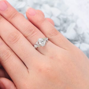 Oval Cut Lab Grown Diamond Floral-Inspired Engagement Ring Bridal Ring with Peridot Accents