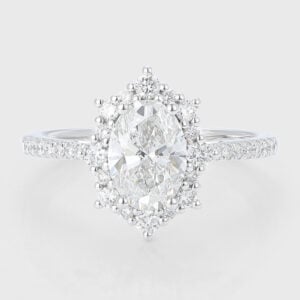 Oval Cut Lab Grown Diamond Graduated Halo Engagement Ring Pave Bridal Ring