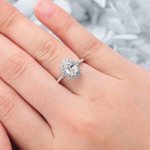 Oval Cut Lab Grown Diamond Graduated Halo Engagement Ring Pave Bridal Ring