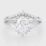 Oval Cut Lab Grown Diamond Unique Engagement Ring Set with Chevron Wedding Band